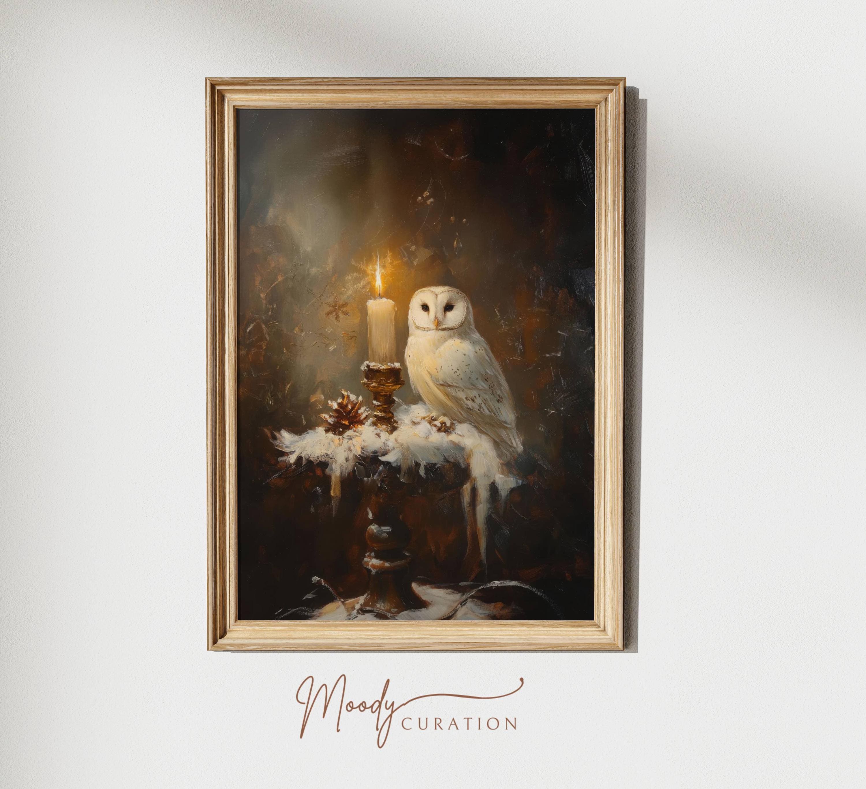 Snowy Owl Winter Art Print: Vintage Candle Painting (Digital Download)