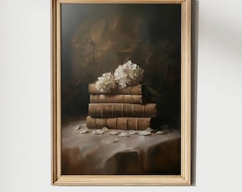May include: A still life painting of a stack of old, leather-bound books with white flowers on top, set against a dark brown background.
