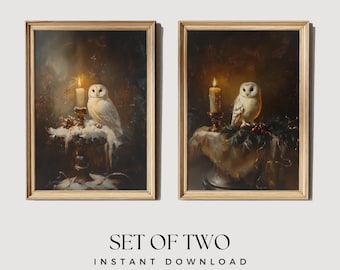Set of Two Owl Winter Print, Vintage Winter Painting, Dark Academia Art, Cottagecore Holiday Decor, Perfect Gift for Her