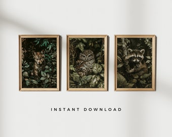 Woodland Animal Prints, Vintage Spring Nursery Decor, Owl, Wolf, Raccoon, Moody Cottagecore Printable, Digital Download Woodland Wall Art