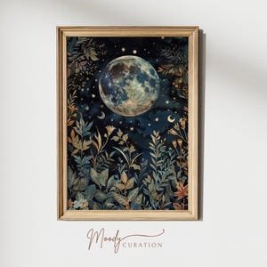 Vollmond botanische Kunstdruck, William Morris inspirierte Nachthimmel Malerei, himmlische dunkel Cottagecore Dekor, Vintage Stil digitaler Download