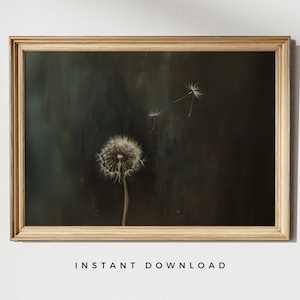 Dandelion, Antique Oil Painting, Moody Wall Art, Vintage Floral Wall Art, Dark Floral Decor, Dark Academia Décor, Gothic Floral Wall Art
