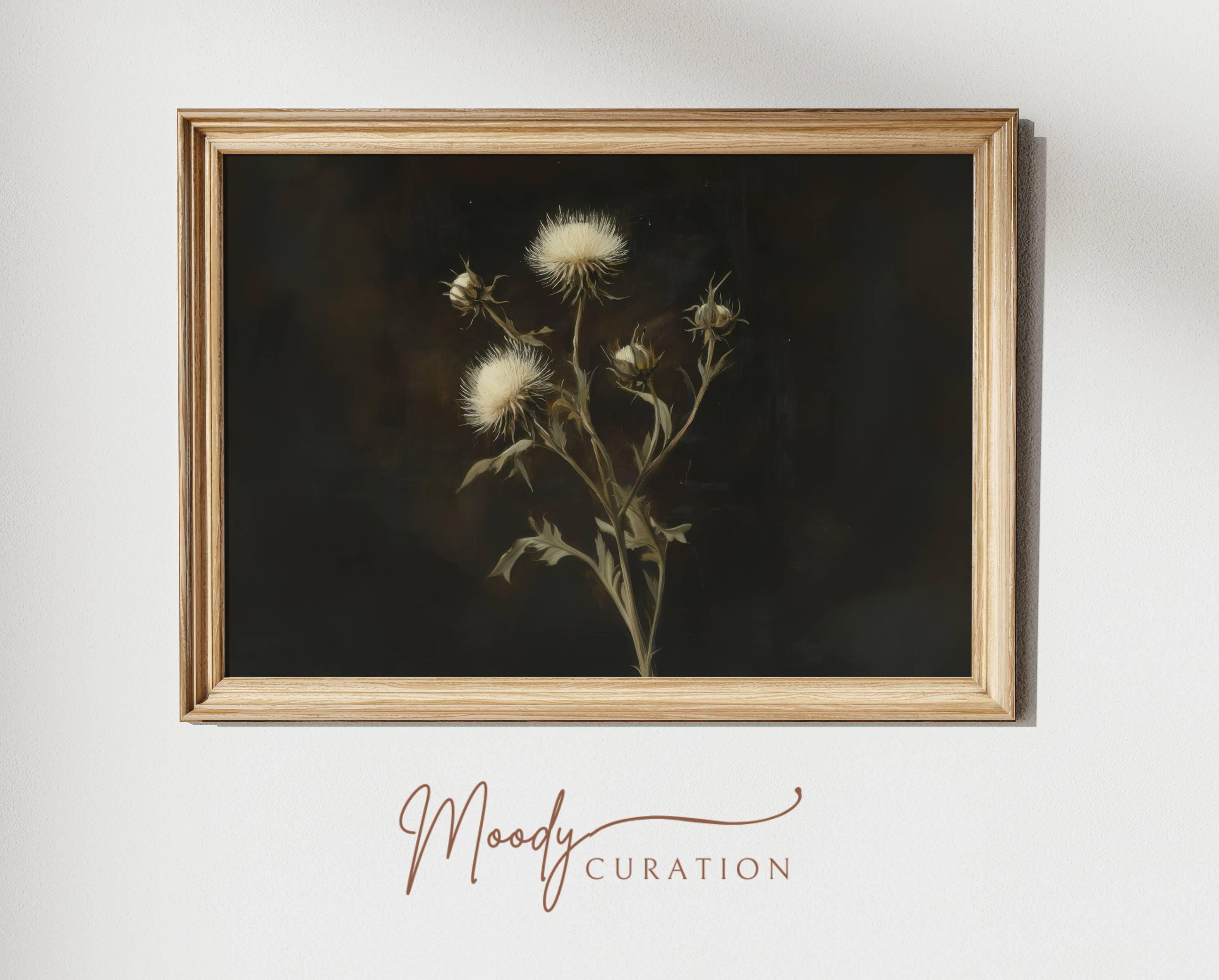 Thistle, Antique Oil Painting, Moody Wall Art, Vintage Floral Wall Art, Dark Floral Decor, Dark Academia Décor, Gothic Floral Wall Art