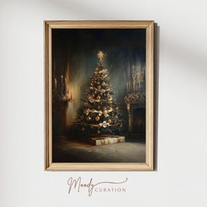 Christmas Tree Art Print, Vintage Printable Wall Art, Snowy Forest Tree Painting for House Decor, Moody Christmas Tree Print, Gift for Him