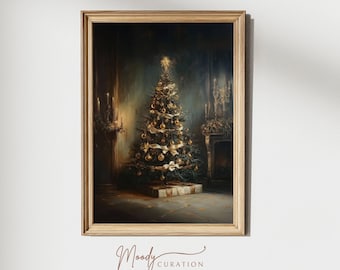 Christmas Tree Art Print, Vintage Printable Wall Art, Snowy Forest Tree Painting for House Decor, Moody Christmas Tree Print, Gift for Him