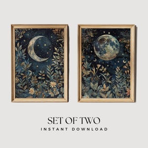 2er-Set Mond botanische Drucke, himmlische botanische Kunst, dunkle Academia-Drucke, schwermütige William Morris inspirierte Kunst, druckbare himmlische Wandkunst