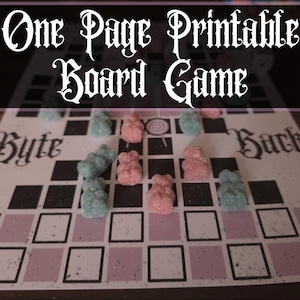 May include: A printable board game with a pink and black checkered design. The game board features the text "Byte Back" and is adorned with blue and pink gummy bear game pieces. The title "One Page Printable Board Game" is displayed at the top.