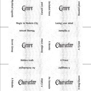 May include: A black and white card with text related to fantasy role-playing. The card is divided into sections labeled "Genre" and "Character", with various descriptive terms such as "Mythical Legends" and "A Raider".
