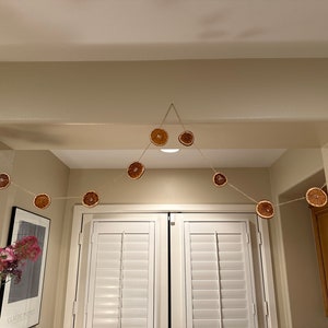May include: A string of dried orange slices hangs from the ceiling, creating a festive garland. The garland is strung with twine and the orange slices are a warm brown color.