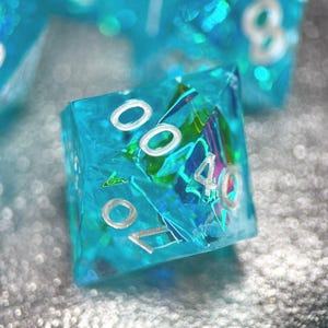 Holographic Ocean Blue Dice Set: Sharp Edge Resin DnD Dice