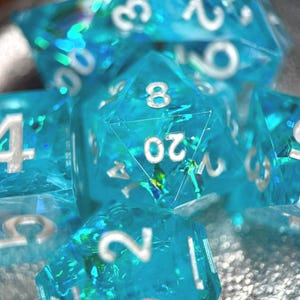 Sea of Fallen Stars Dice Set | Handmade Ocean Blue Holographic DnD Dice | Sharp Edge Artisan Resin RPG Dice