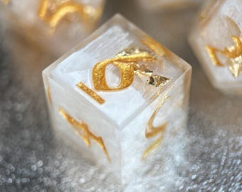 Selune-Inspired Dice Set: White & Gold Handmade Sharp Edge DnD Dice