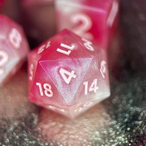 Strawberry Cream Dice Set: Shimmering Pink White Sharp Edge DnD Dice