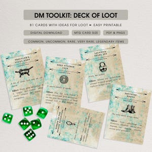 May include: A collection of fantasy role-playing game cards, titled "DM Toolkit: Deck of Loot." The cards feature illustrations of items like a lucky knot, coin, lockpick set, mirror, and boots. Green dice are scattered around the cards.