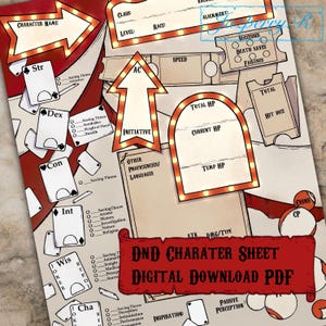 May include: A printable Dungeons and Dragons character sheet with a red and white carnival theme. The sheet includes spaces for character name, class, level, race, alignment, strength, dexterity, constitution, intelligence, wisdom, charisma, saving throws, skills, armor class, initiative, hit points, speed, attack, damage, type, inspiration, passive perception, and coins.