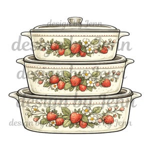 May include: A stack of three off-white ceramic casserole dishes with lids. Each dish is decorated with a pattern of red strawberries, green leaves, and white flowers. The dishes have handles and are stacked on top of each other.