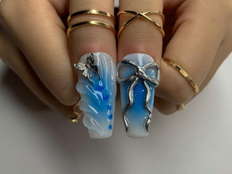 Secret Garden Long Almond Flowers Press on Nail Blue Ocean Fairy Tale