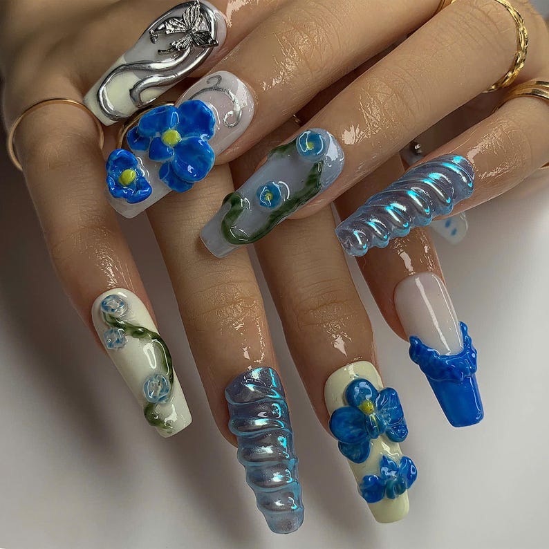 Secret Garden Long Almond Flowers Press on Nail Blue Ocean Fairy Tale