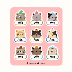 Niedliches Katzen Name Label | Katzen Aufkleber Set für die Schule | Personalisierte Kinderetiketten für Kindergarten | Kawaii Katzen Themed Namensschilder | Geschenk für Kinder und Eltern