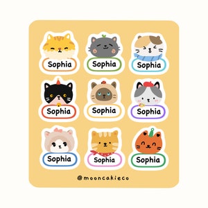 Personalisiertes Namensschild für Katzenliebhaber | Niedliches Katzen Aufkleber Set | Kids Labels für Kindergarten | Kawaii Namens-Anhänger | Geschenk für Kind