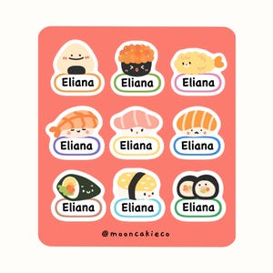 Sushi-Namensetikett | Niedliches Sushi-Sticker-Set für die Schule | Personalisierte Kinderetiketten für Kindergarten | Kawaii Namens-Anhänger | Japanisch Asiatisches Essen Sticker
