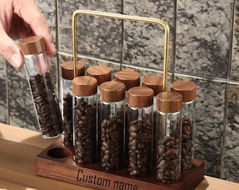 Personalization Single Dose Coffee Bean Storage Tubes - Borosilicate Glass Coffee Bean Cellar with Wooden Display Stand, Walnut Funnel