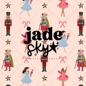 May include: A repeating pattern featuring illustrations of nutcrackers, ballerinas, mice, and stars on a light pink background. The text "jade sky design studio" is in the center of the image.