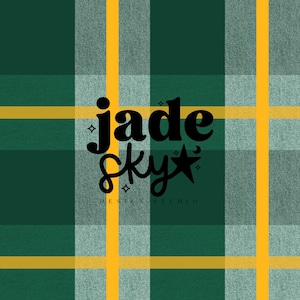May include: A green and yellow plaid background with the text "jade sky* design studio" in black.