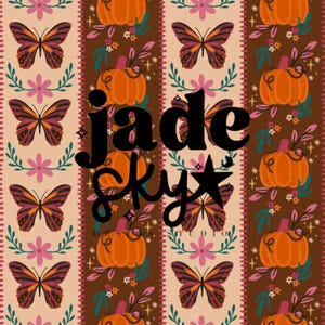 May include: A repeating pattern featuring butterflies, pumpkins, and floral elements in shades of orange, brown, pink, and green. The text "jade sky design studio" is overlaid on the design. The pattern is suitable for fall-themed products.