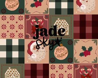 Vintage Christmas Patchwork seamless pattern , vintage Santa seamless pattern, Christmas seamless designs, hand drawn Christmas pattern