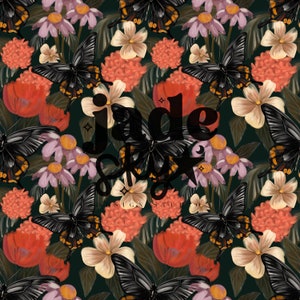 May include: A digitally painted floral pattern featuring black butterflies with orange and yellow accents, alongside pink and cream-colored flowers. The text "jade sky design studio" is overlaid on the design, set against a dark green background.