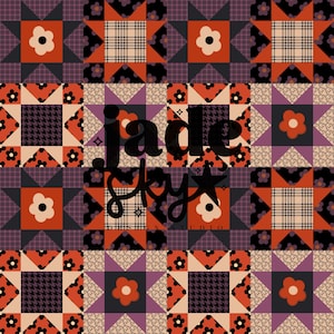 Puede incluir: Patrón repetitivo con cuadrados con diseños florales y geométricos en tonos naranja, negro, morado y beige. El texto "jade sky" está superpuesto. El patrón incluye elementos de pata de gallo y cuadros.