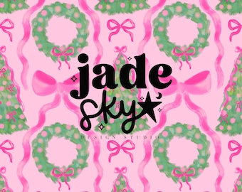 Coquette Christmas trees and wreaths pink  , pink Christmas seamless pattern, Christmas seamless designs, hand drawn Christmas pattern
