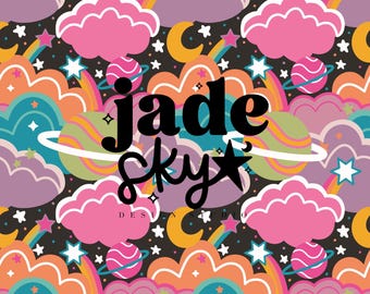 May include: A colorful, whimsical pattern featuring clouds, stars, planets, and rainbows on a black background. The text "jade sky" is written in bold, black letters.