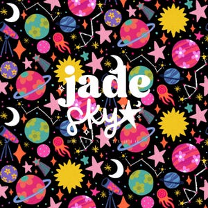May include: A colourful repeating pattern on a black background featuring planets, stars, moons, suns, and telescopes. The text "jade sky" is displayed in white. The design includes pink, yellow, blue, and orange elements, creating a vibrant celestial theme.
