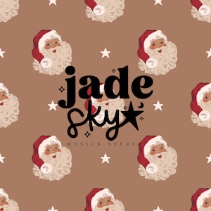 May include: A seamless pattern featuring a repeating design of vintage Santa Claus faces with white beards and red hats on a brown background. White stars are scattered throughout the pattern. The text "jade sky design studio" is centered in the pattern.