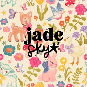 May include: A whimsical pattern featuring a fawn, bunny, lamb, and goose, surrounded by flowers, mushrooms, butterflies, and birds. The text "jade sky DESIGN STUDIO" is displayed in the center of the image. The color palette includes pastel pinks, blues, yellows, and greens.