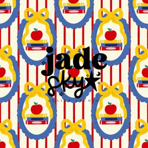 May include: A repeating pattern featuring oval frames with a red apple, books, and a yellow bow. The frames are set against a cream background with red and white vertical stripes. The text "jade sky DESIGN STUDIO" is overlaid.