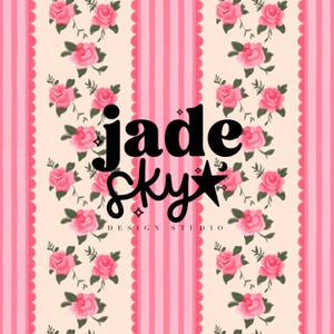 May include: A decorative pattern with pink roses and green foliage on a cream backdrop, with pink vertical stripes. The text "jade sky DESIGN STUDIO" is displayed in black.