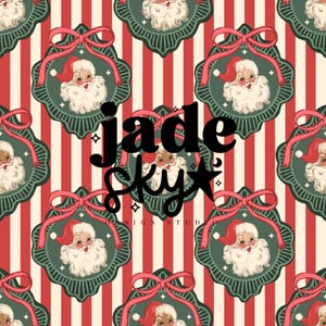 May include: A repeating pattern featuring vintage-style Santa Claus ornaments with red bows and green frames, set against a red and cream striped background. The text "jade sky design studio" is overlaid on the design.
