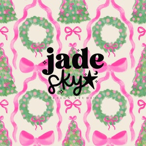 Coquette kerstbomen en -kransen crème, roze naadloos kerstpatroon, naadloze kerstontwerpen, handgetekende kerstpatroon