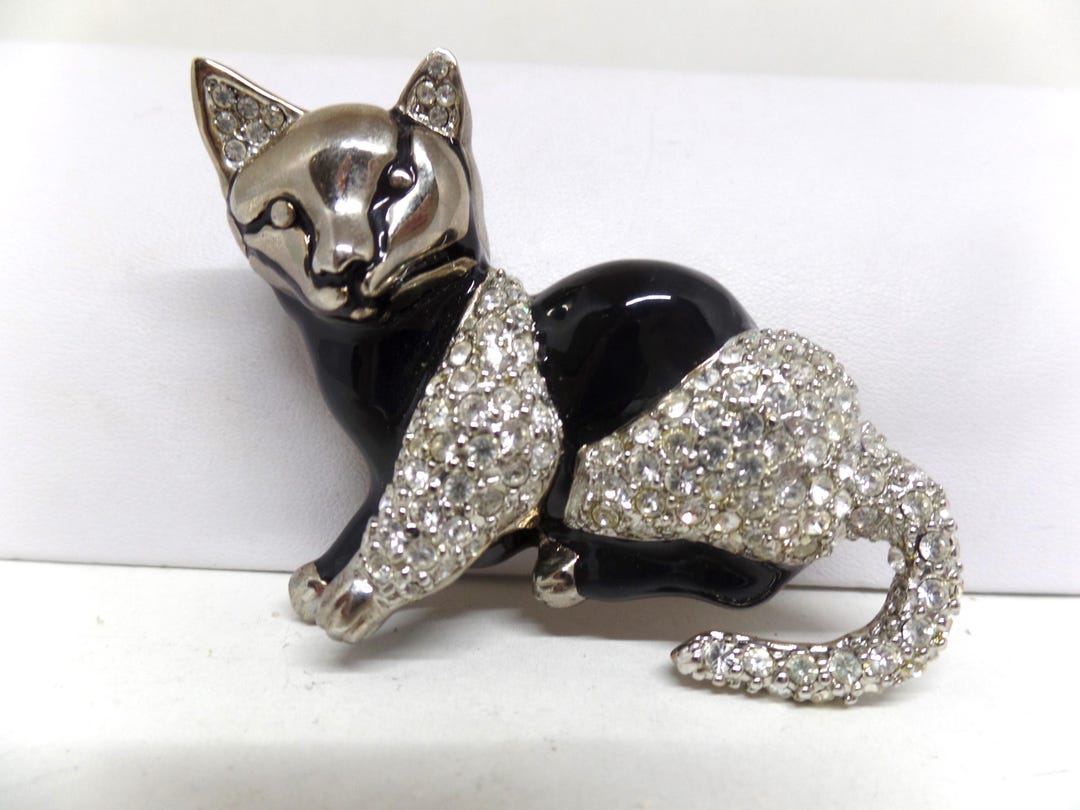 Vintage Black Enamel Cat Brooch Pin: Crystal Accent - Etsy