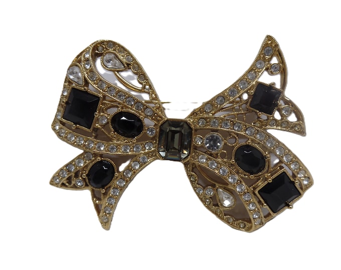 Featured listing image: Vintage Jet Crystal Bow Brooch Pin