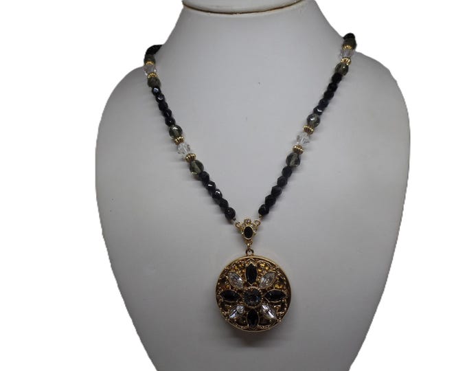 Featured listing image: Vintage Jet Crystal Beaded Locket Necklace