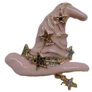 Broche de sombrero de bruja malvada de esmalte rosa: Pin de Halloween de cristal