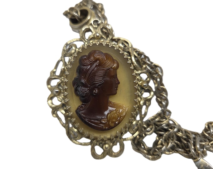 Featured listing image: Whiting and Davis Signed Vintage Tortoise Cameo Pendant Necklace