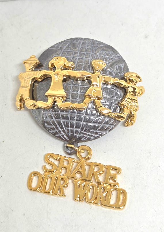 Vintage Share Our World Children Holding Hands Around the World Brooch Pin