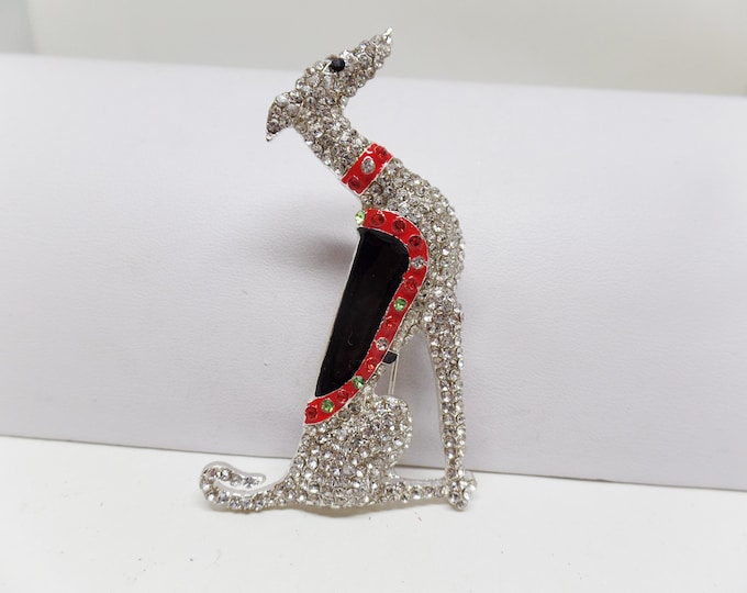 Featured listing image: Adorable Enamel & Crystal Greyhound Whippet Dog Brooch Pin