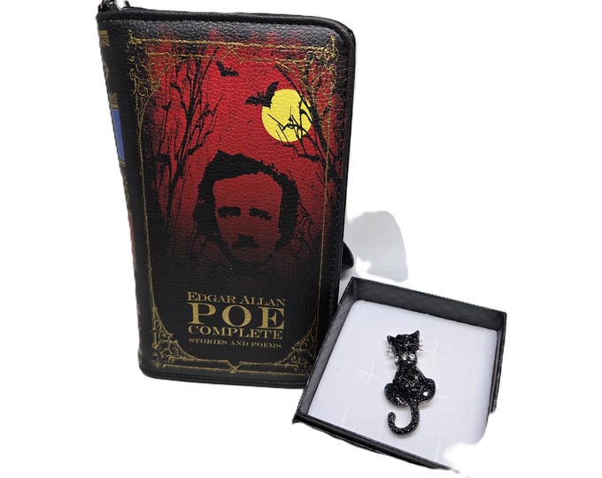 Featured listing image: Edgar Allen Poe Book Wallet with Crystal Black Cat Pin: RFID Secure Faux Leather