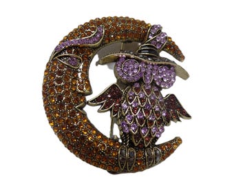 Broche adorável de coruja em cristal lunar para Halloween com colheita de outono